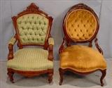 308 - Walnut Victorian arm parlor chair with green upholstery 309 - Mahogany Victorian parlor side chair with gold upholstery.