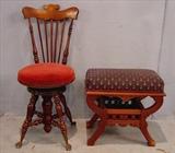 310 - Walnut piano chair with maroon seat. 311 - Walnut Victorian piano stool with blue upholstered top.