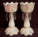 342 - Pair of white mantle lusters with small prisms.