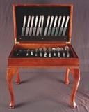 166 - Set of silver plate flatware in Queen Anne silver box on legs, 78 pieces of flatware, box - 20in. T, 21in. W, 14in. D.