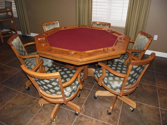 Solid Oak 2-sided Game Table. Custom Upholstered Oak Chairs on Casters.