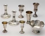 Assorted Sterling Silver Including Old Newbury Crafters Hand Hammered Lobbed Bowl, diameter 5 inches, pair of Randahl Candlesticks height 4.75, Sterling hand hammered Kidush Cup made in Israel by Bier, 3 additional Sterling Kidush cups and 1 Kidush cup marked EPNS. Total Sterling weight 26.5 ozt