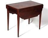 Pembroke table in cherry and mahogany having extensive inlay ca. 1790 H: 28-1/2", L: 31-1/4", width w/lvs down 20-1/4"