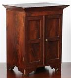 Miniature mahogany two door cabinet. H: 18", W: 14-3/4", D: 10-1/4"