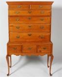 Period maple Queen Anne highboy with original hardware, with history attached to rear. "Former property of Soloman Walkley of Chester CT. Bought by Ann S. Walkley of Clinton, CT November 1891 and by descent to Elizabeth C. Birdsey. H: 65", W: of base 39".
