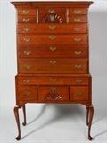 Queen Anne cherry 2 part highboy with double fan carving and original hardware. Highly refinished. Now made into a lowboy and a bracket foot chest. Provenance: Gersham Birdsey 1734-1865. Hannah Bartlett 1743-1776, Middletown, CT circa 1750. Gersham Birdsey II 1776-1865. Lucy Coe 1780-1863, Middlefield CT thus by decent to Ann C. Bacall direct descendent. H: 71-1/4", lower case W: 38-1/4"