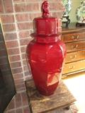 TALL RED CHINESE TEMPLE JAR
WITH FOO DOG HANDLE
