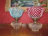 CRANBERRY AND BLUE DEWDROP HOBNAIL RUFFLED RIM SHADES  ON OIL LAMPS
