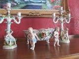 DRESDEN PORCELAIN CHERUB CENTERPIECE BOWL WITH  MATCHING CANDELABRA PAIR
