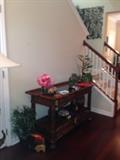 Glass top entry table & collectables 
