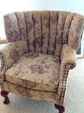 Nail head, studded wing back chair with chintz upholstery 