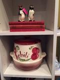 Vintage cookbooks and chili pot
