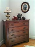 Antique walnut 4 drawer chest, converted brass oil lamp w/ original shade