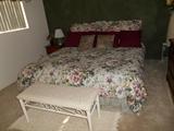 King size bedroom set with dresser/mirror combo and nightstand.  Also has a bench for putting on shoes, etc..