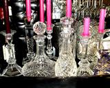 Crystal decanters and candlesticks.