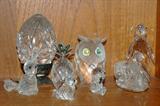 Crystal figures: Swarovski penguin and owl, Faberge egg, and more