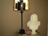 Absolutely fabulous contemporary lamp, bust, unusual mirror and Roseville