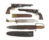 Lot 1203) 1860 Colt Army; Lot 1202) 1860 Fluted Colt Army; Lot 1206) Civil War Era Bowie Knife; Lot 1205) Confederate D Guard Bowie Knife
