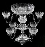 Lot 1019:  ENGLISH VICTORIAN SILVERPLATE EPERGNE: Large centerbowl, 2 level of 4 arms each. Silverplate body with unknown English silverplate hallmark. Overall measures 21'' h. x 21'' dia. Est. $500/700**