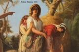 Lot 1025:  STARCK, Julius Josephus Gaspard, (Belgian, 1814-1884): ''Boaz Speaks to Ruth at the Barley Field'', Oil/Canvas, 67 cm. x 81 cm., signed lower right, encased in a newer fine contemporary frame 32 1/2 cm. x 39 cm., Christie's Amsterdam Label from May 2003 affixed verso. Est. $5000/8000**
CONDITION: Has been relined, there are some scattered spots of inpaint, it is clean and ready to hang.