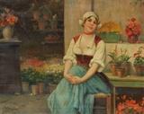 Lot 1037:  SUSS, Josef Johann, (Austrian, 1857-1937): Young Dutch Beauty Flower Seller, Oil/Canvas, 25'' x 31 1/8'', signed lower left, encased in a carved and gilded period frame with wear 29 1/2'' x 35 1/2''. Est. $1000/2000**
CONDITION: Several minor pin holes, some stretcher bar wear and some depressions, could use cleaning.