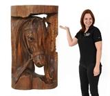 Lot 1052:  45'' CARVED WOOD HORSE WALL SCULPTURE: Nicely detailed carving of a horse bust with bridle, carved from a single log. Unsigned, overall measures 45 1/2'' h. x 29 1/2'' x 15 1/4''.