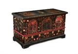 Lot 1121:  20TH CENTURY PAINTED BLANKET CHEST: Paint decorated with floral and foliate motifs, dated 1946 on top of hinged lid, marked ''Made by Thomas Sharp, Painted by Alice Robinson Robinson Sharp''. 2 lower drawers. Overall measures 29'' h. x 52'' x 23 1/2''.
CONDITION: Loss of paint decoration.