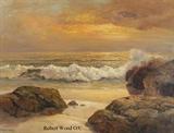 Lot 1162:  WOOD, Robert William, (American, 1889-1979): ''Golden Shores'', Surf Crashing on a Golden Sunset, 28'' x 36'', signed lower left, encased in a gilded carved and painted period frame 35'' x 42 3/4'', titled verso, dated '51. Est. $3000/5000**
CONDITION: Several scattered abrasions with minor paint fleck, needs cleaning.