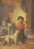 Lot 1190:  RYDER, Platt Powell, (American, 1821-1896): Interior Scene with Boy Holding Food and Dog Begging, Oil/Canvas, 12 7/8'' x 9 5/8'', signed lower right with illegible date, encased in a gilded and carved acanthus leaf motif period gesso frame inset in shadowbox with wear 22 1/4'' x 19'' x 4''. Est. $800/1200**
CONDITION: Relined, needs cleaning, there are some scattered paint flecks.