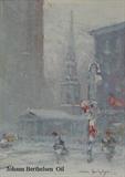 Lot 1199:  BERTHELSEN, Johann, (Danish-American, 1883-1972): St. Paul's Church in Winter, NYC, Oil/Canvasboard, 7'' x 5'', signed lower right, encased in a fine gilded and carved impressionist frame with Summit frame stamp verso 14'' x 12''. Est. $3000/5000**