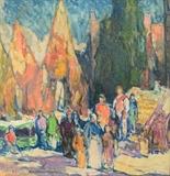 Lot 1201:  BROWNE, George Elmer, (American, 1871-1946): ''Il Porto di Chioggia'', Scene Depicts Religious Gathering of Several Figures by the Water's Edge, Oil/Canvas, 14'' x 14'', signed in the lower margin Salmagundi Club Auction Sale label affixed version, encased in original fine gilded and carved framing 20 1/2'' x 20 5/8''. Est. $2000/4000**
CONDITION: Several areas of visible craquelure and two small paint flecks in the right margin.