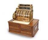 Lot 1221: BRASS 6 DOOR NATIONAL CASH REGISTER: Circa 1905, serial number 424246, Empire pattern brass case, crank mechanism, 1 cent to $90 keys. 6 drawer oak base. Overall measures 29 1/2'' x 30 1/2'' x 21''.
CONDITION: Will need mechanical restoration, evidence of prior termite damage on base, no keys. 
