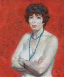 Lot 1215:  HIRSCH, Joseph, (American, 1910-1981): Body Topless Female with Arms Crossed, Oil/Canvas, 24'' x 20'', signed lower left, painted frame 29'' x 25''. Est. $5000/8000**