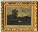 Lot 1210:  ROST, Ernest Christian, (American, 1867-1940): ''Gray Afternoon'', Oil/Canvas, 22'' x 30'', partial label affixed verso, encased in highly elaborate period carved and gilded foliate motif gesso frame with minor wear 36 3/4'' x 45'' x 4 1/4''. Est. $1000/2000**
CONDITION: Needs cleaning, craquelure scattered throughout, will need to be cleaned and re-varnished.