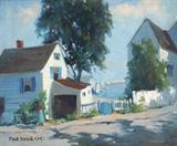 Lot 1225:  STRISIK, Paul, (American, 1918-1998): Rockport Street Scene, probably Pigeon Cove, Oil/Canvas, 20'' x 24'', signed lower right, original frame with wear 24'' x 30''. Est. $3000/5000**
