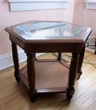 Solid wood octagon end table, beveled glass top, caned bottom shelf (pair of these)