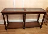 Solid wood sofa-console table, beveled glass top, caned bottom shelf 