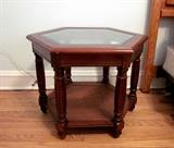 Solid wood octagon end table, beveled glass top, caned bottom shelf (pair of these)