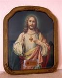 Antique Sacred Heart print in relief carved frame