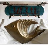 Large Decorative Brass Fish and Homemade Shelf made of Golf clubs and balls