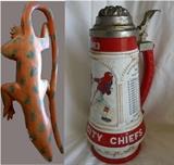 1963 Kansas City Chiefs Commemorative Stein and painted wooden lizard