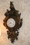 French early 19th Century Wall Clock bronze over jesso clock with rooster on top with porcelain face