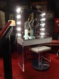 1970's LUCITE VANITY WITH MARQUEE STYLE LIGHTS, CHROME AND LUCITE STOOL