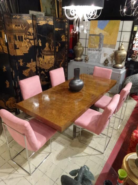 RARE MILO BAUGHMAN DINING TABLE, BURL WOOD AND CHROME, WITH LEAF, CIRCA 1970's (MILO BAUGHMAN DINING CHAIRS SOLD SEPARATELY)