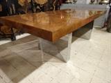 RARE MILO BAUGHMAN DINING TABLE, BURL WOOD AND CHROME, WITH LEAF, CIRCA 1970's (MILO BAUGHMAN DINING CHAIRS SOLD SEPARATELY)