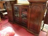 RARE 19TH CENTURY BULSTRODE CAMBRIDGE ENGLAND OAK CABINET WITH LEADED GLASS DOORS, STAMPED BULSTRODE, CAMBRIDGE