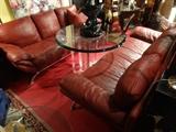 TWO RED LEATHER NATUZZI SOFAS, EACH SOLD SEPARATELY. WITH CHROME FEET