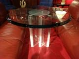 DUAL PEDESTAL LUCITE BASE TABLE WITH 2 INCH THICK LUCITE AND 2 INCH THICK GLASS TOP