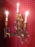 PAIR BRONZE LOUIS XV WALL SCONCES WITH CRYSTAL DROPS
