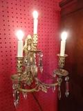 PAIR BRONZE LOUIS XV WALL SCONCES WITH CRYSTAL DROPS